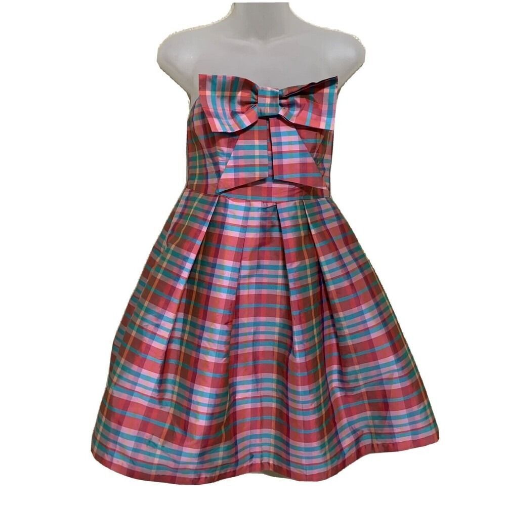 Eva Franco Strapless Dress Womens 2P Pink Rose Plaid Bow Fit Flare Party